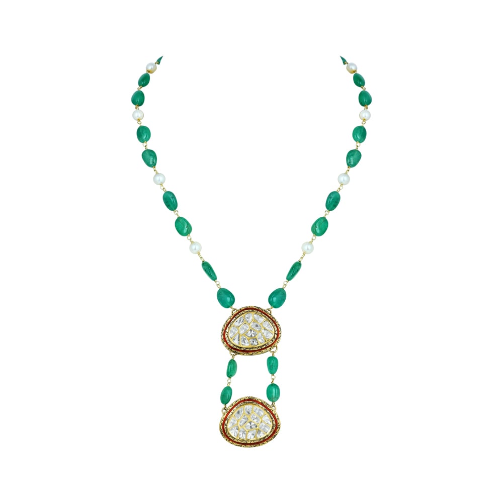 Emerald and Pearl Necklace with Dual Polki Pendants